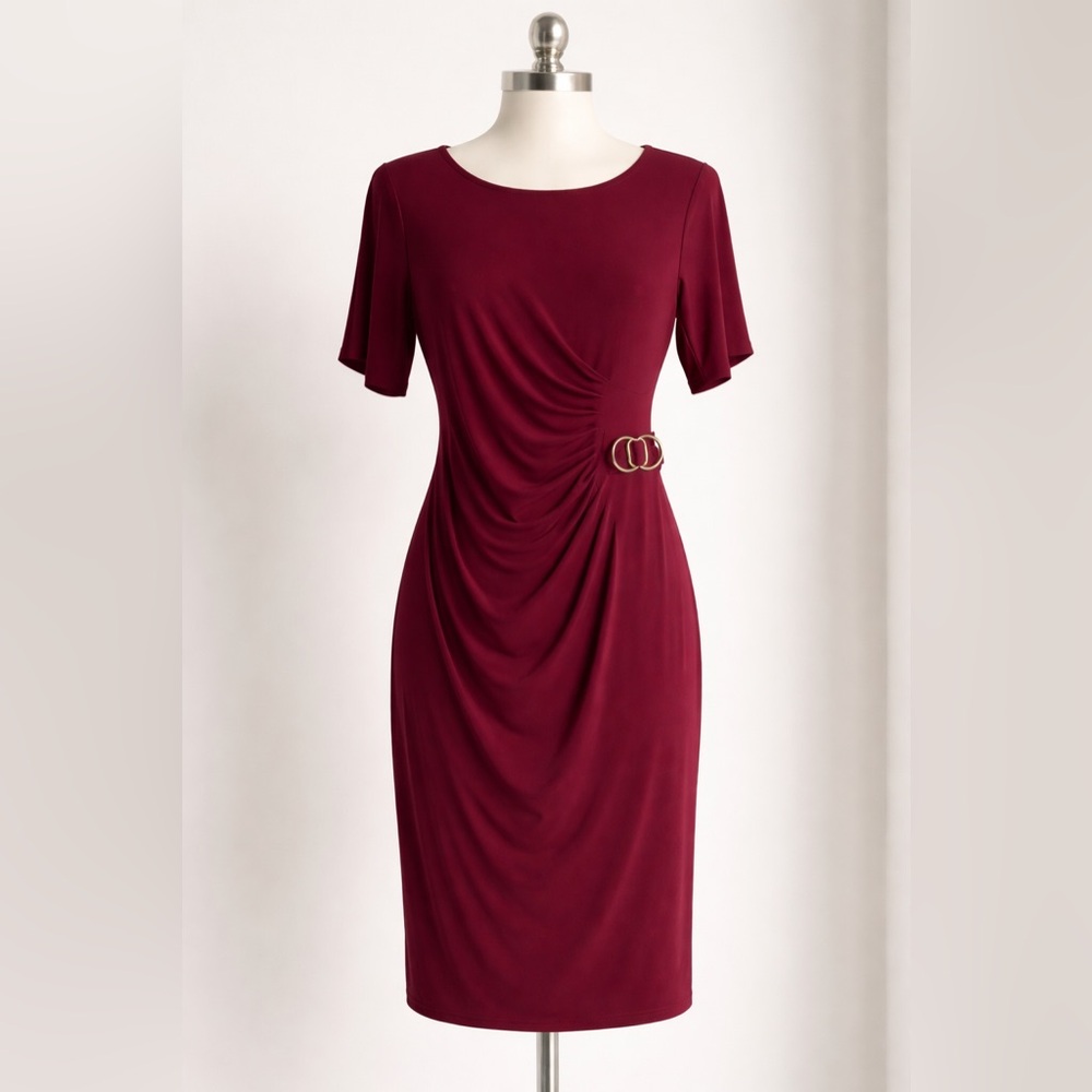 JH Women’s Cocktail Dress Short Sleeve Cinched at Waist Wine 14P NWT